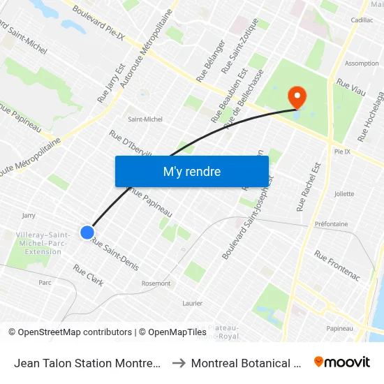 Jean Talon Station Montreal Metro to Montreal Botanical Garden map