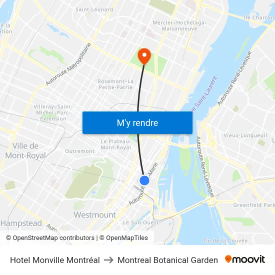 Hotel Monville Montréal to Montreal Botanical Garden map