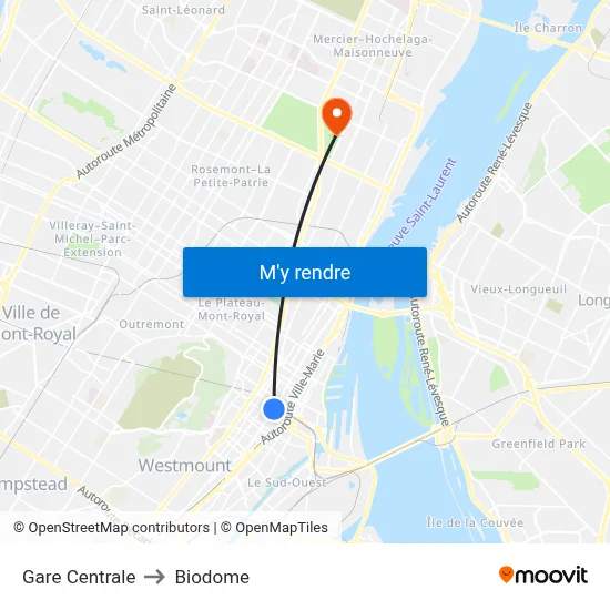 Gare Centrale to Biodome map