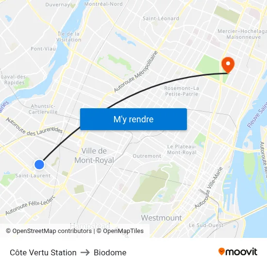 Côte Vertu Station to Biodome map