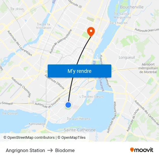 Angrignon Station to Biodome map