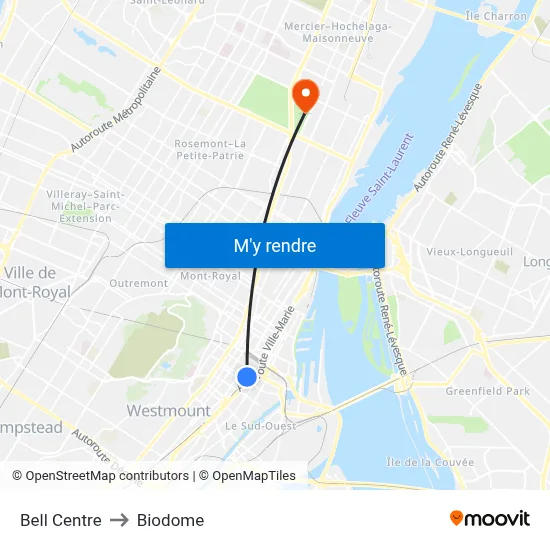 Bell Centre to Biodome map