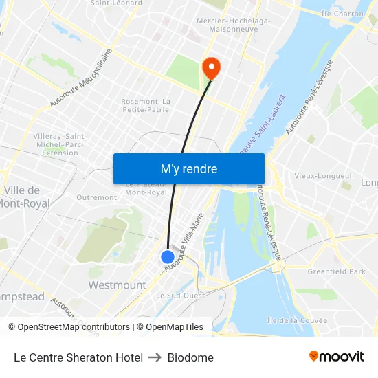 Le Centre Sheraton Hotel to Biodome map