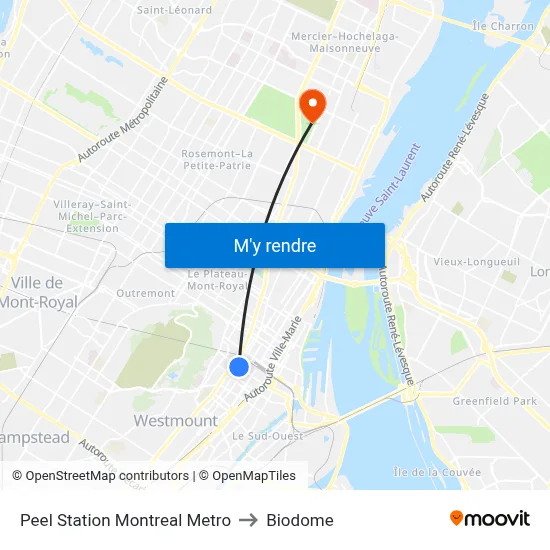 Peel Station Montreal Metro to Biodome map
