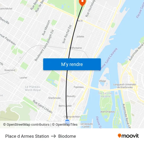 Place d Armes Station to Biodome map