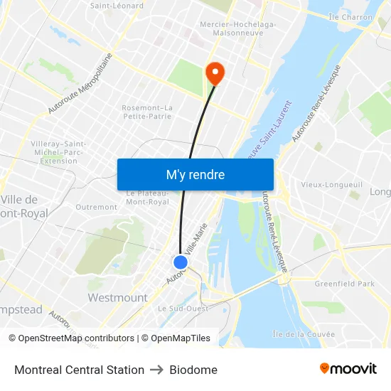 Montreal Central Station to Biodome map