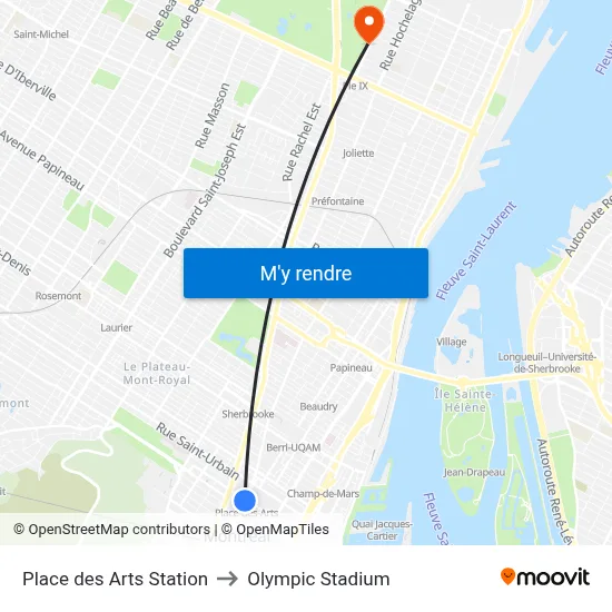 Place des Arts Station to Olympic Stadium map