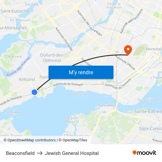 Beaconsfield to Jewish General Hospital map