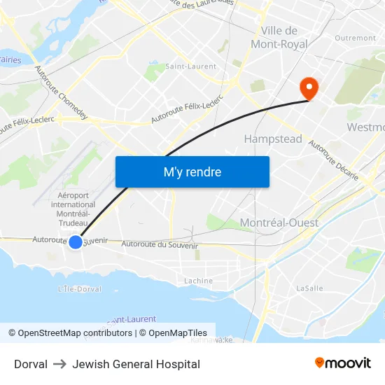 Dorval to Jewish General Hospital map