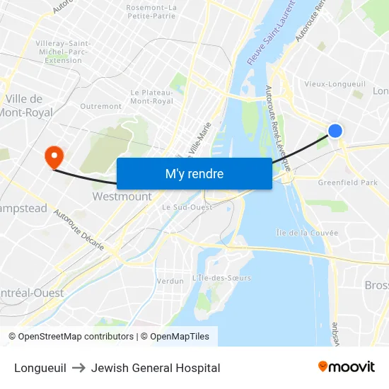 Longueuil to Jewish General Hospital map