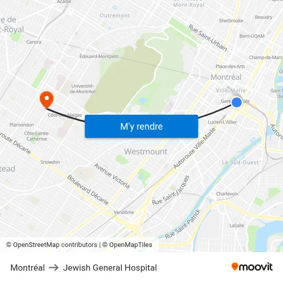 Montréal to Jewish General Hospital map