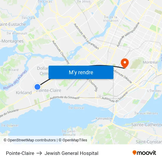 Pointe-Claire to Jewish General Hospital map