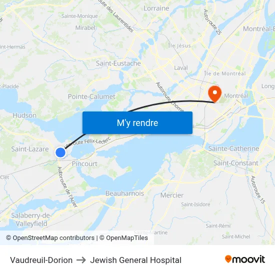 Vaudreuil-Dorion to Jewish General Hospital map