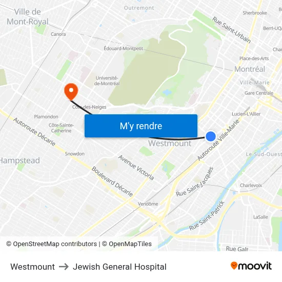Westmount to Jewish General Hospital map