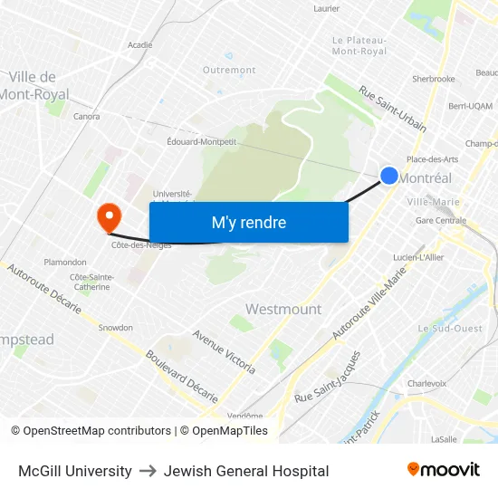 McGill University to Jewish General Hospital map