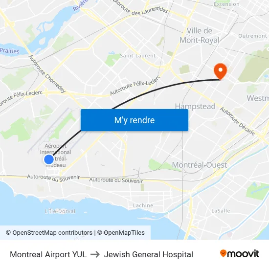 Montreal Airport YUL to Jewish General Hospital map