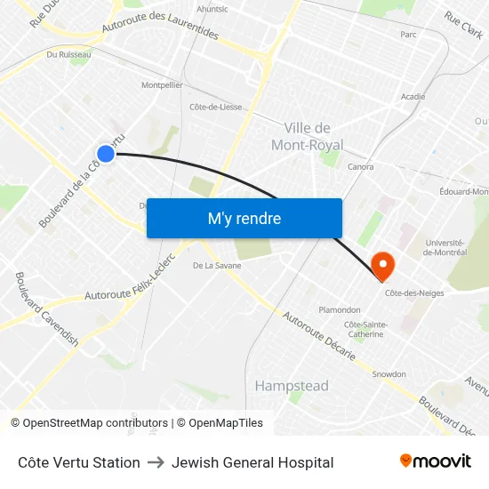 Côte Vertu Station to Jewish General Hospital map