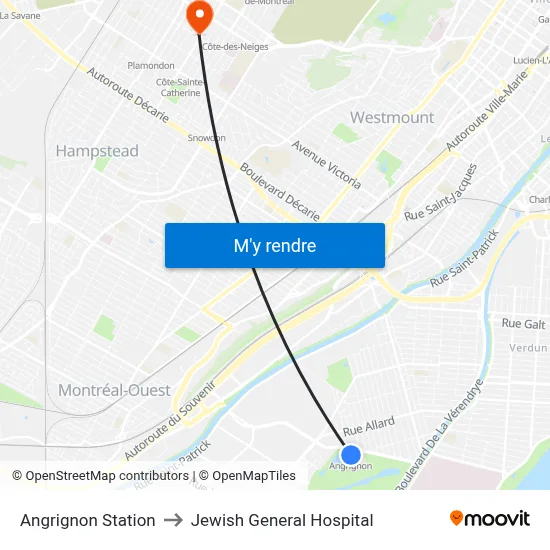Angrignon Station to Jewish General Hospital map