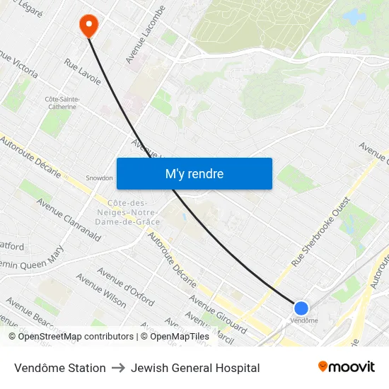 Vendôme Station to Jewish General Hospital map