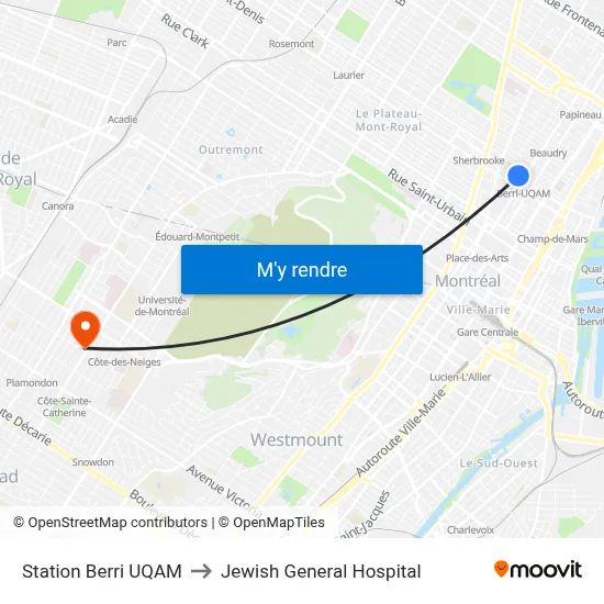 Station Berri UQAM to Jewish General Hospital map