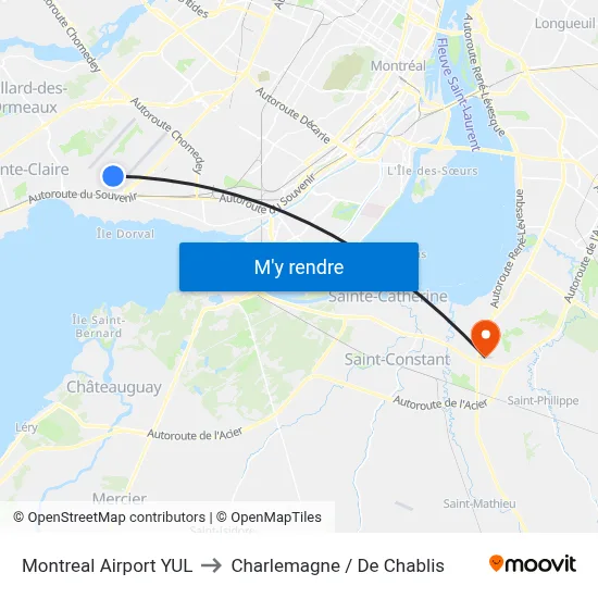 Montreal Airport YUL to Charlemagne / De Chablis map
