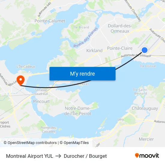 Montreal Airport YUL to Durocher / Bourget map