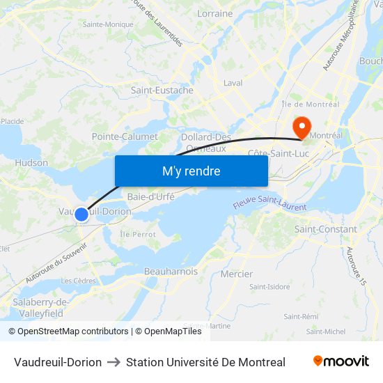 Vaudreuil-Dorion to Station Université De Montreal map