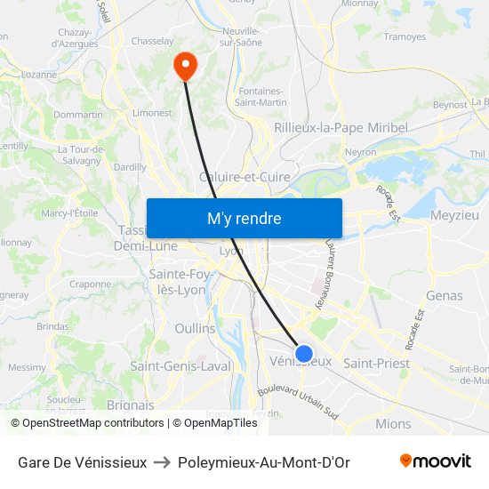 Gare De Vénissieux to Poleymieux-Au-Mont-D'Or map