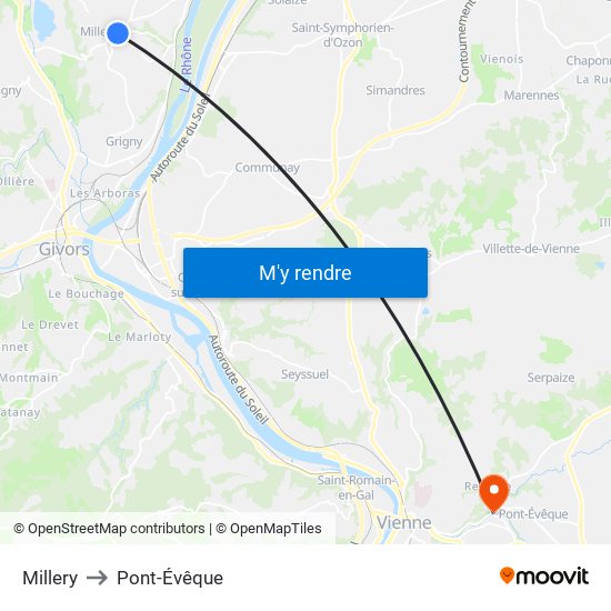 Millery to Pont-Évêque map