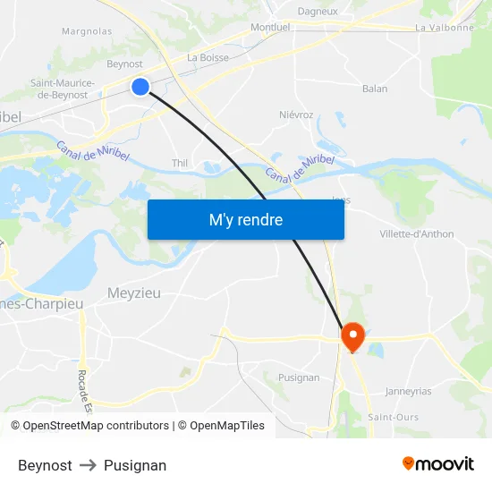 Beynost to Pusignan map