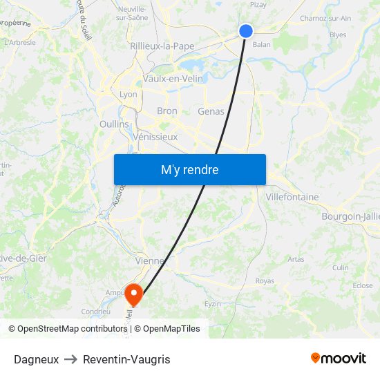 Dagneux to Reventin-Vaugris map