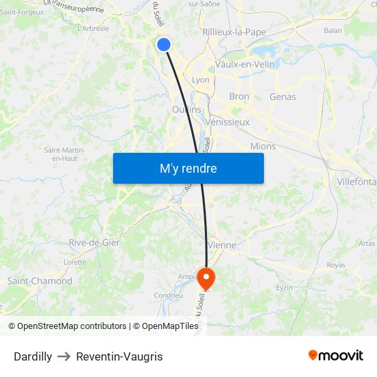 Dardilly to Reventin-Vaugris map