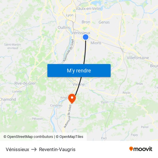 Vénissieux to Reventin-Vaugris map