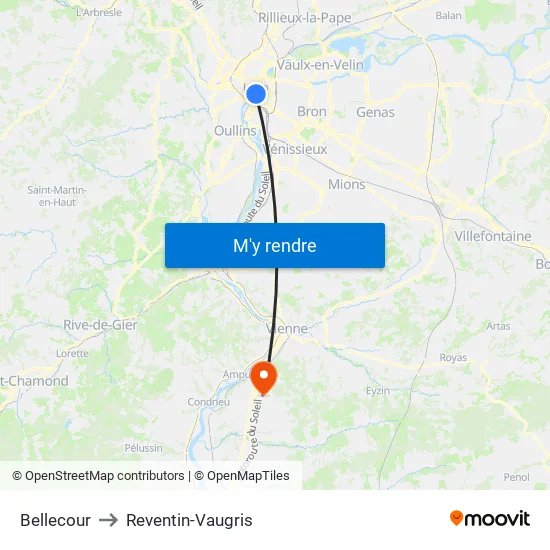 Bellecour to Reventin-Vaugris map