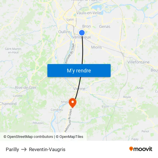 Parilly to Reventin-Vaugris map