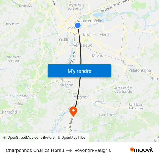 Charpennes Charles Hernu to Reventin-Vaugris map