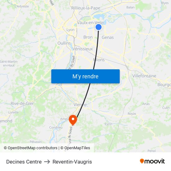 Decines Centre to Reventin-Vaugris map