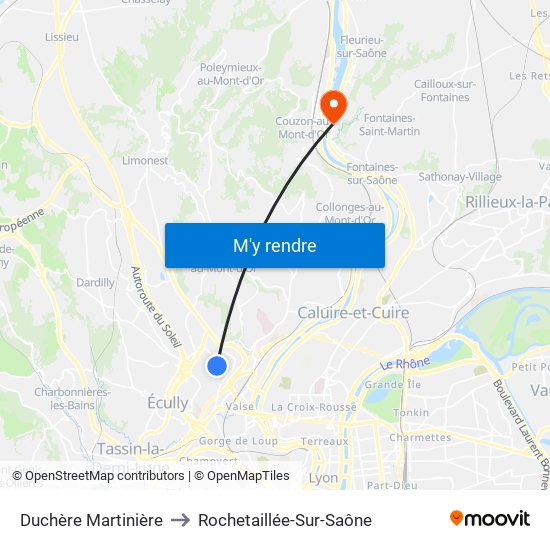 Duchère Martinière to Rochetaillée-Sur-Saône map