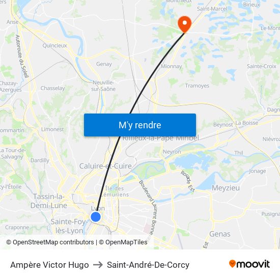 Ampère Victor Hugo to Saint-André-De-Corcy map
