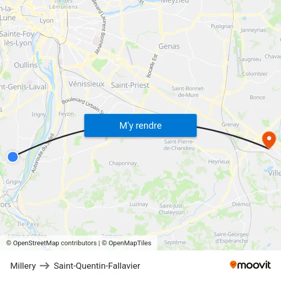 Millery to Saint-Quentin-Fallavier map