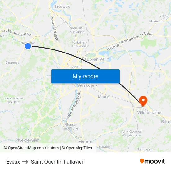 Éveux to Saint-Quentin-Fallavier map