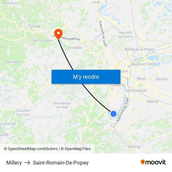 Millery to Saint-Romain-De-Popey map