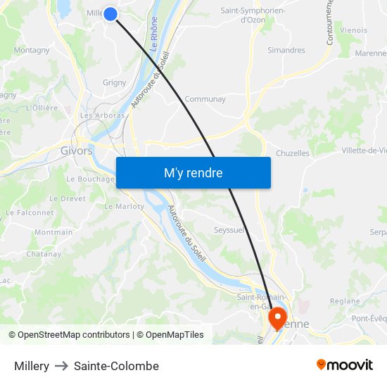 Millery to Sainte-Colombe map