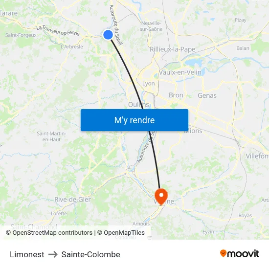 Limonest to Sainte-Colombe map