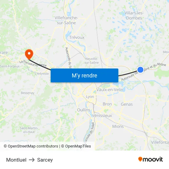 Montluel to Sarcey map