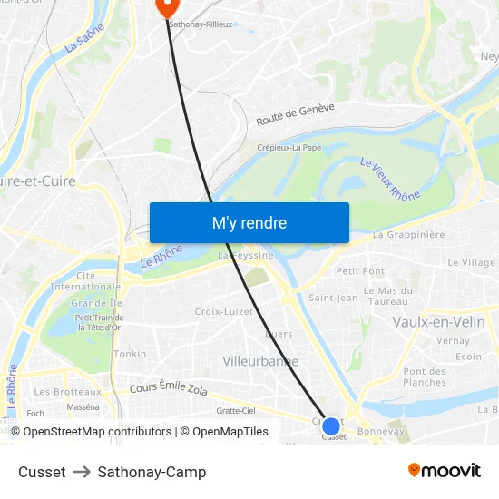 Cusset to Sathonay-Camp map