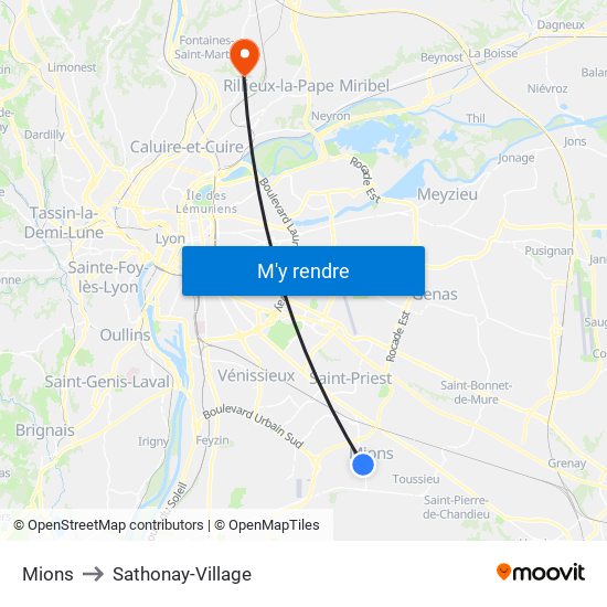 Mions to Sathonay-Village map