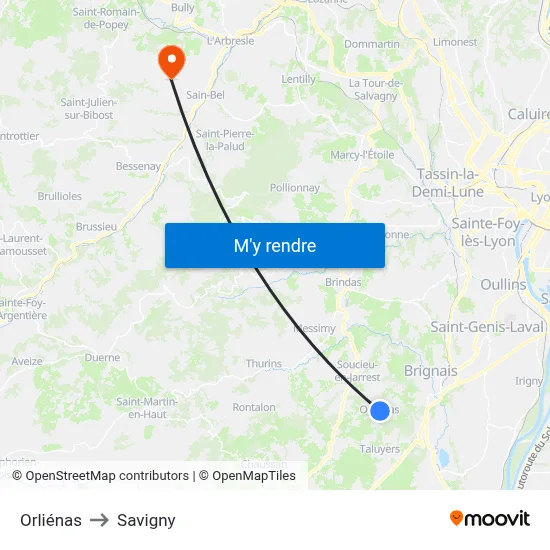 Orliénas to Savigny map