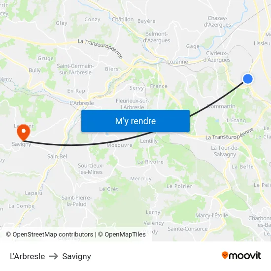 L'Arbresle to Savigny map