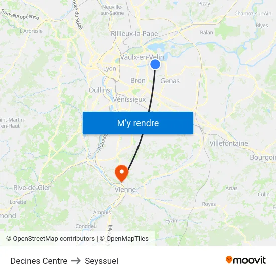 Decines Centre to Seyssuel map
